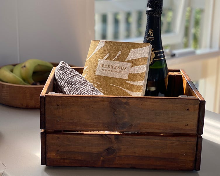 Styled wooden gift hamper crate using Feast Watson Prooftint and Clear Varnish.