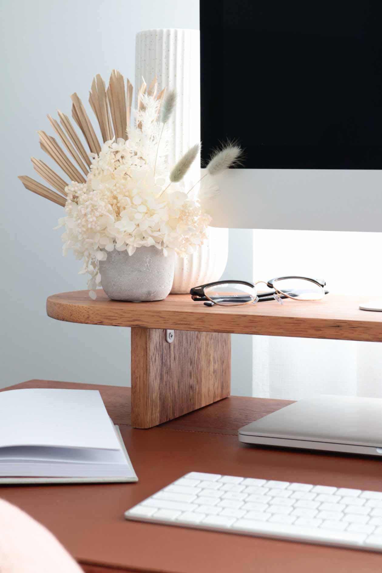 Closeup image of Sarah Amos Interiors' DIY Monitor Stand project