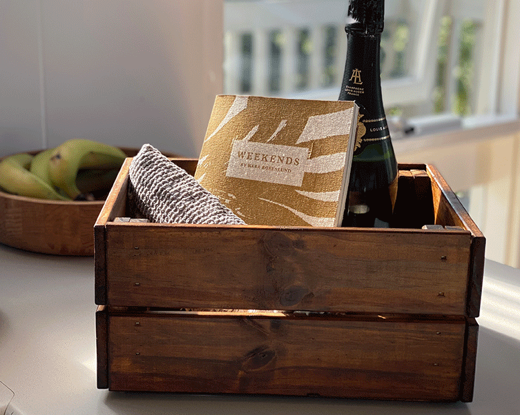 Personalised wooden gift hamper crates using Prooftint and Clear Varnish.